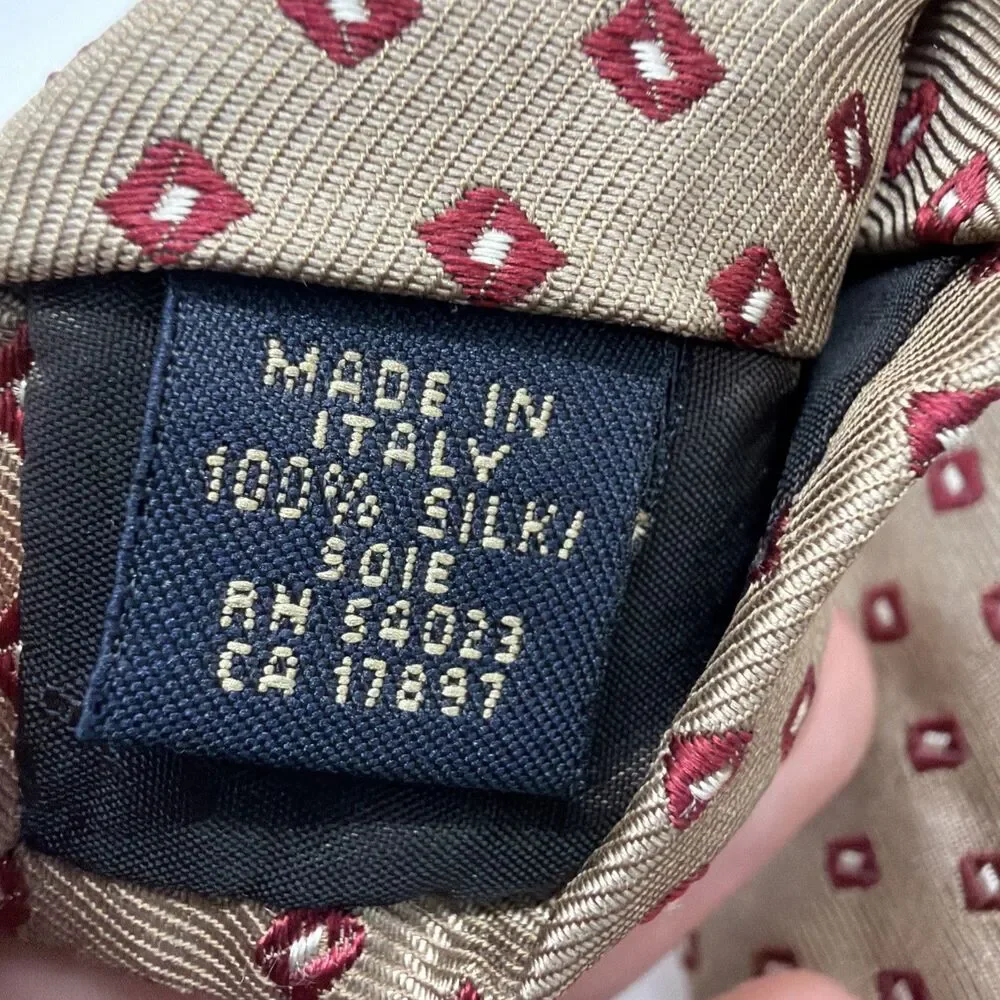 Banana Republic Men's 100% Silk Tie Made in Italy Burgundy Dots on Tan/Beige